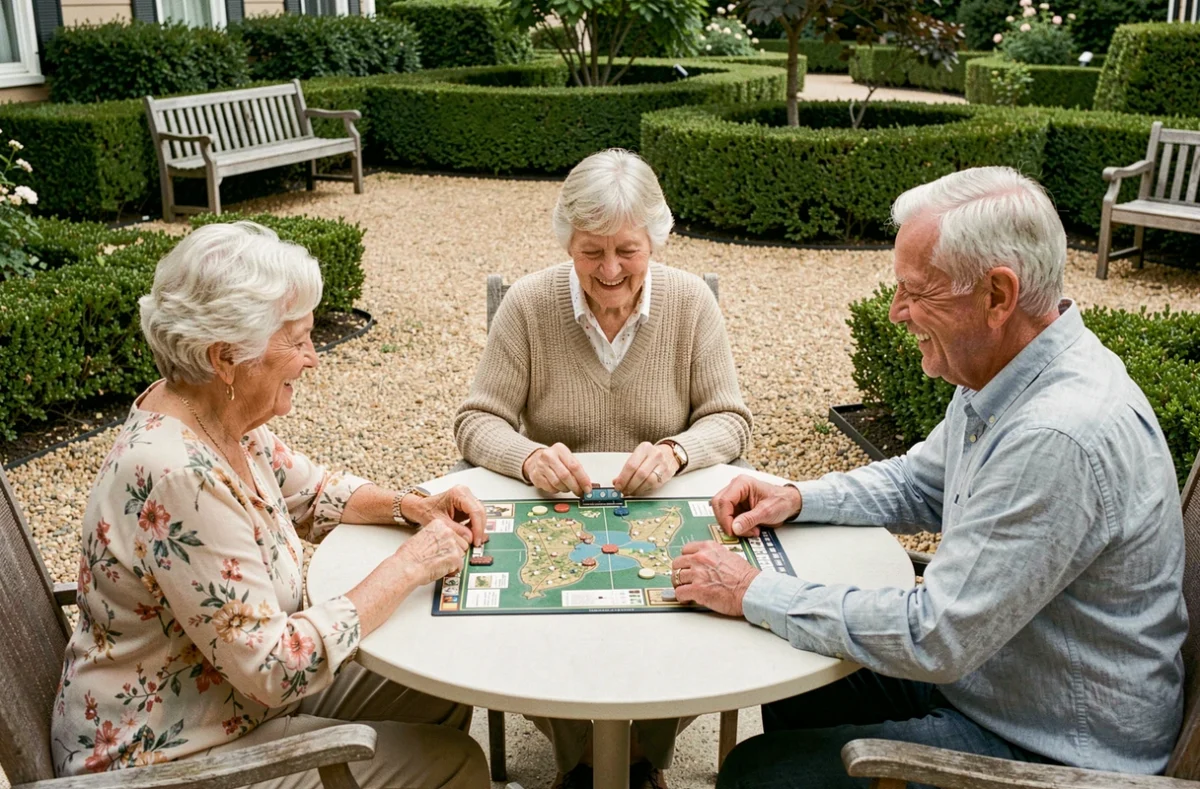 Groupe de résidents seniors jouant à un jeu de société en plein air dans le jardin d'une maison de retraite pendant un séjour temporaire