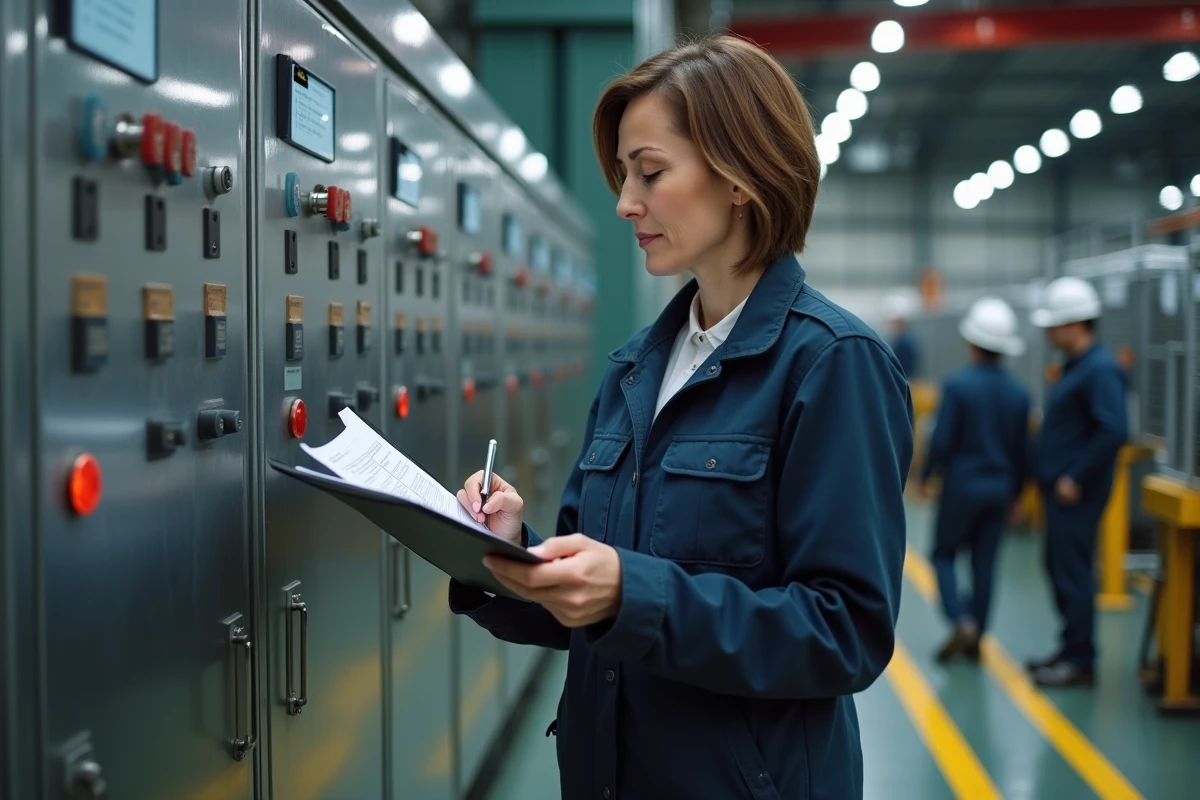Agent de maîtrise femme en atelier industriel consultant des documents de carrière et retraite
