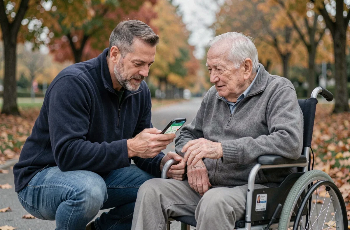 Aidant familial montrant une application de géolocalisation à une personne âgée en fauteuil roulant dans un parc