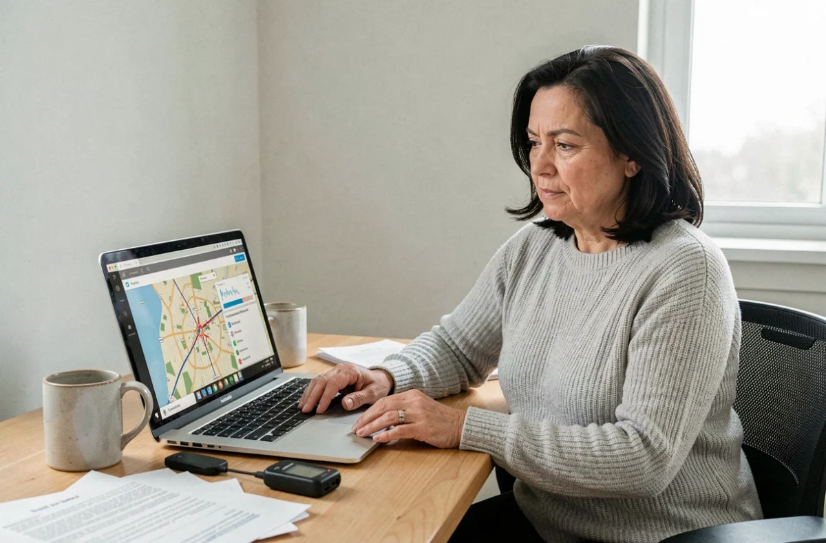Femme aidante consultant une interface de suivi GPS sur ordinateur portable depuis son bureau à domicile