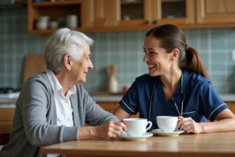 Aide à domicile ADMR aidant une personne âgée dans sa cuisine en 2026