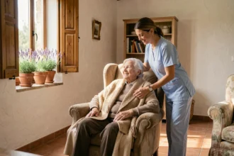 Auxiliaire de vie aidant une personne âgée à domicile dans un intérieur provençal du Gard, ambiance chaleureuse et professionnelle