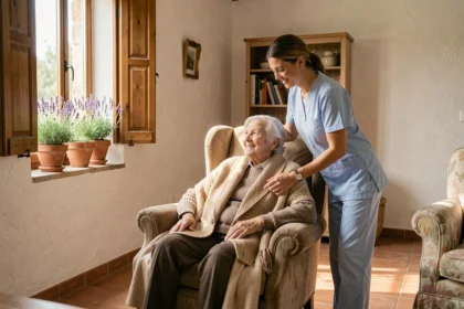 Auxiliaire de vie aidant une personne âgée à domicile dans un intérieur provençal du Gard, ambiance chaleureuse et professionnelle