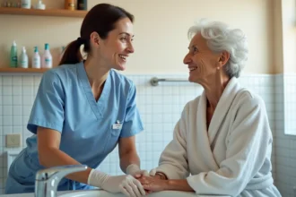 Aide à domicile en uniforme discutant des soins d'hygiène avec une personne âgée dans une salle de bain adaptée