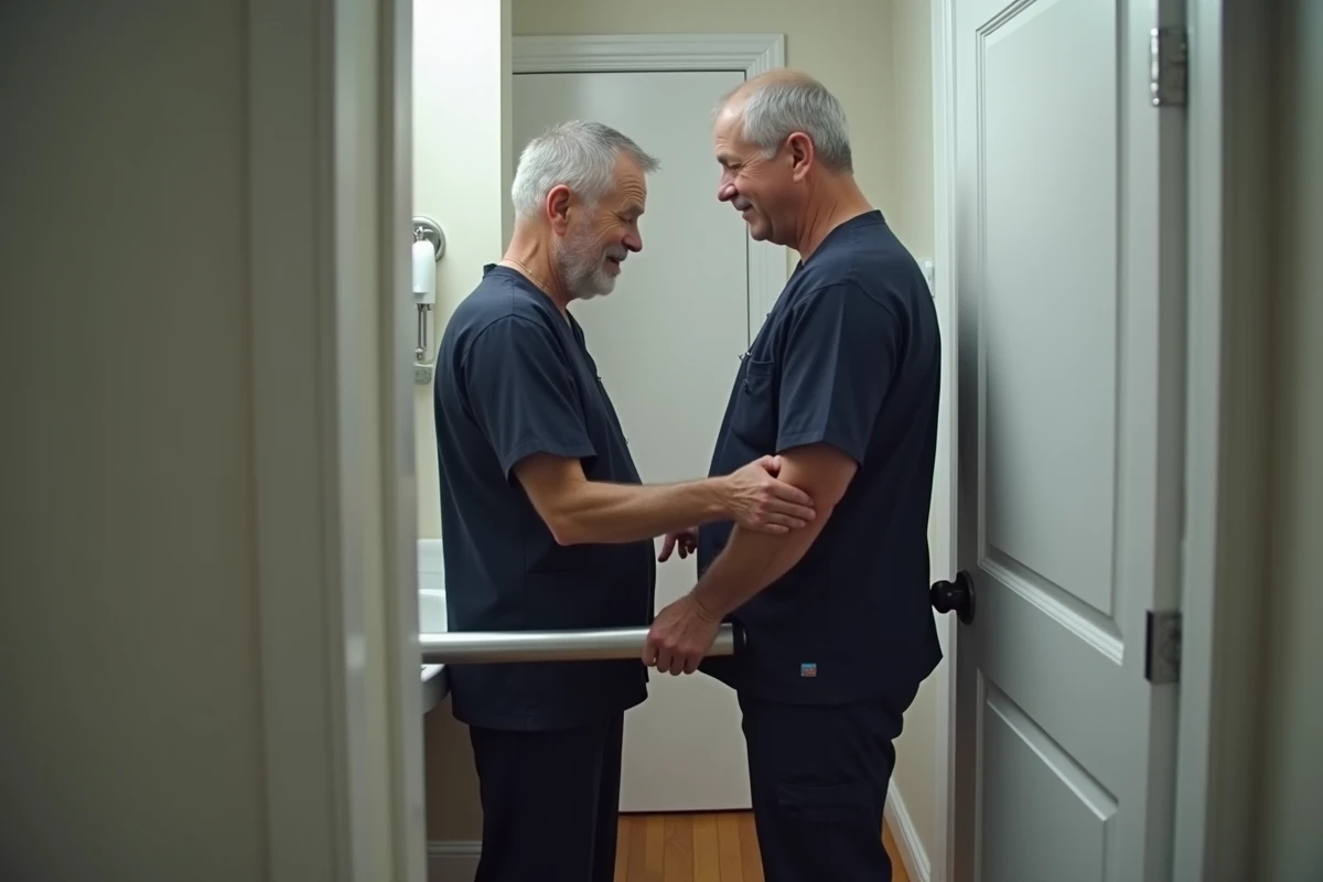 Aide à domicile masculin respectant les limites professionnelles devant la salle de bain d'un client âgé
