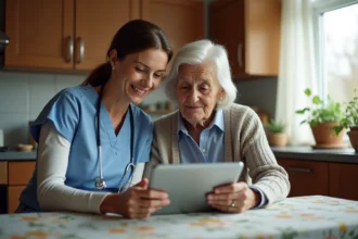 Une aide à domicile et une personne âgée consultent ensemble une application de suivi sur une tablette dans une cuisine familiale