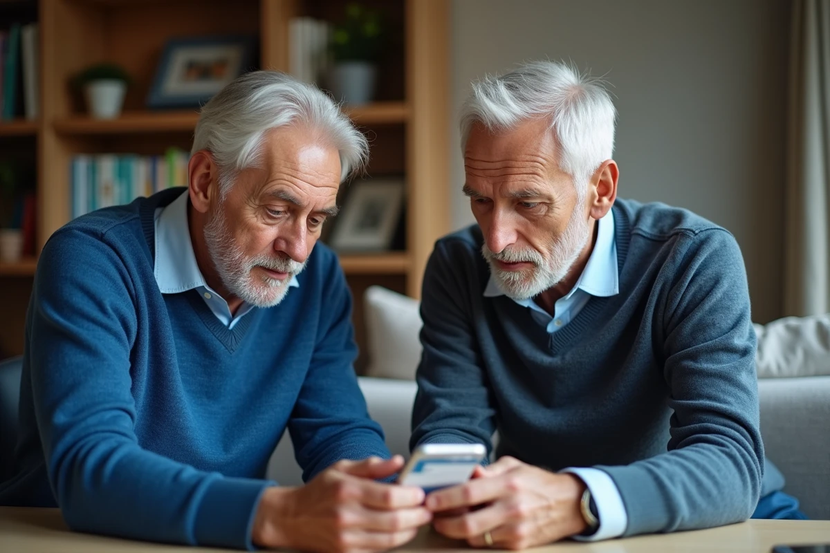 Jeune homme aidant un senior à utiliser une application SNCF
