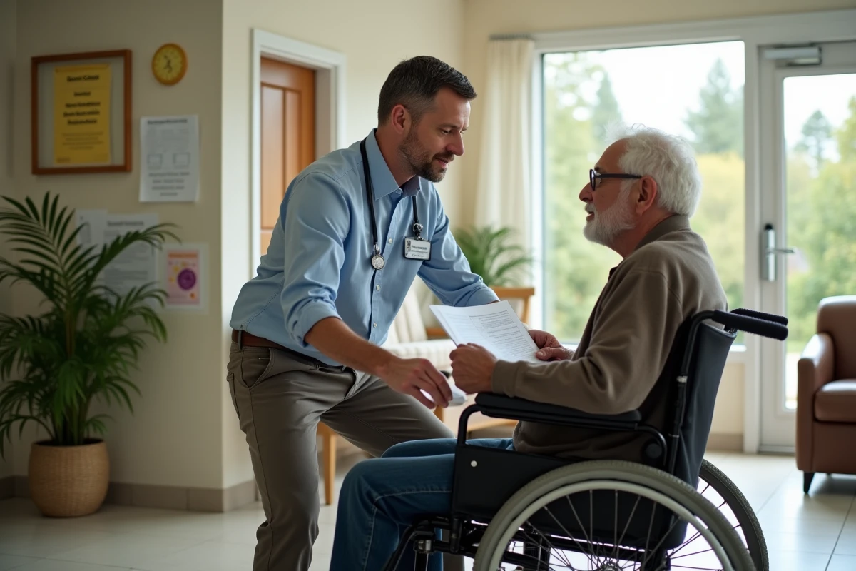 Travailleur social discutant avec un senior en fauteuil
