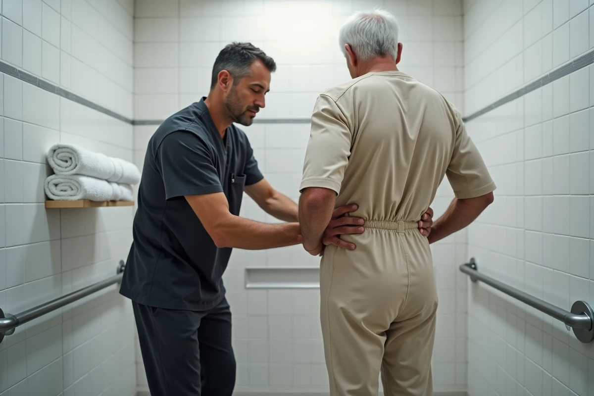 Aide-soignant aidant un homme âgé à enfiler une grenouillère adaptive dans une salle de bain médicalisée