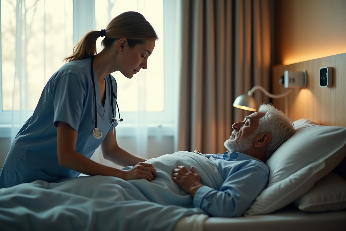 Aide-soignant vérifiant un senior endormi dans la chambre