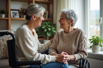 Femme âgée avec aide-soignante dans un salon chaleureux
