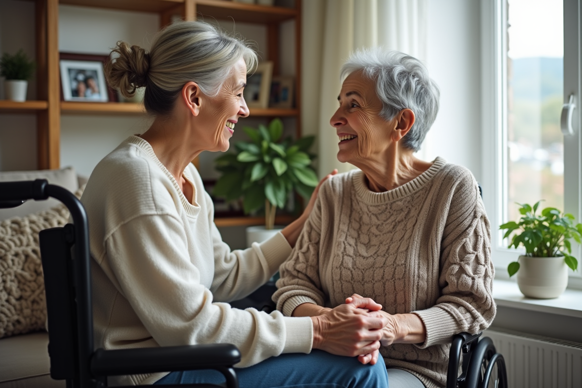 Femme âgée avec aide-soignante dans un salon chaleureux