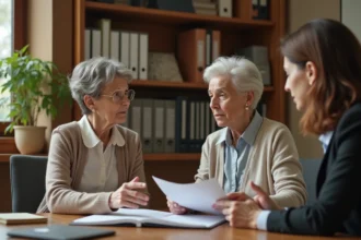 Une femme âgée en consultation avec une assistante sociale pour obtenir une aide financière d'urgence afin de financer une maison de retraite