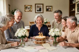 Femme de 70 ans entourée de sa famille autour d'un gâteau d'anniversaire avec des bougies dorées et des cartes manuscrites