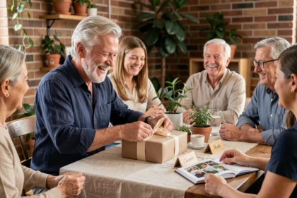 Homme de 70 ans souriant en train de déballer un cadeau personnalisé entouré de sa famille lors d'un anniversaire intime