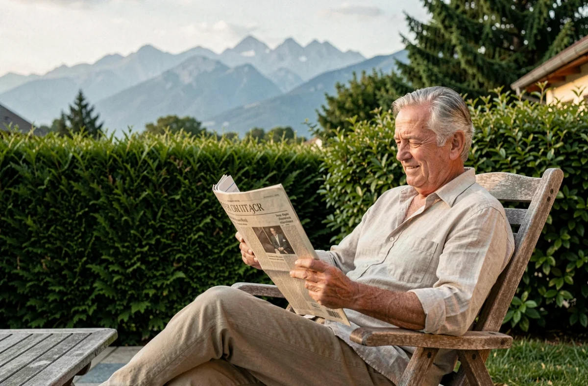 Terrasse privée de la résidence Apart'âges Les Jardins de Laloubère avec un résident lisant au milieu des collines pyrénéennes