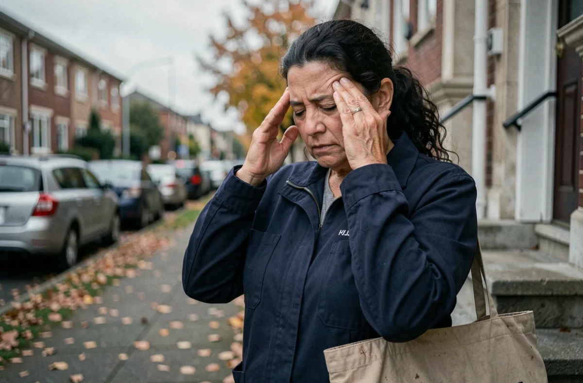 Auxiliaire de vie épuisée en fin de journée sur le pas d'une entrée d'immeuble, se massant les tempes, symbolisant le stress et le manque de reconnaissance du métier