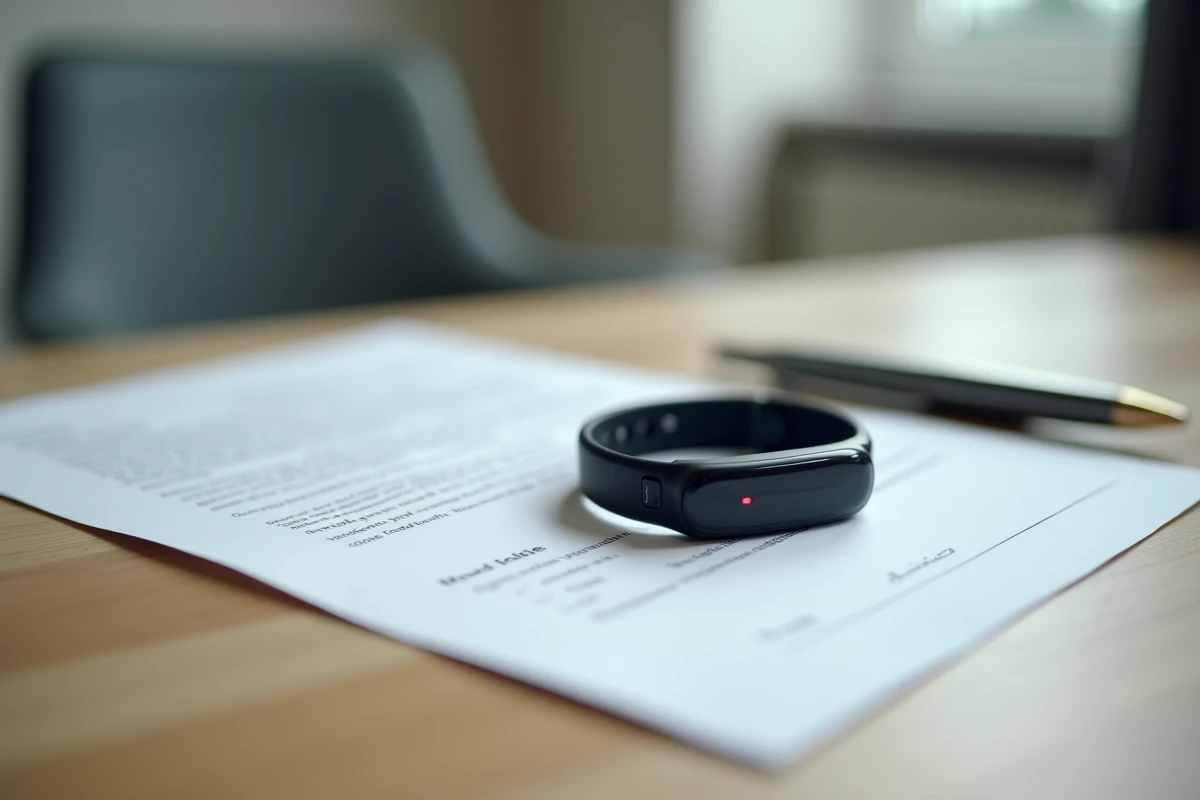 Bracelet GPS Alzheimer posé sur un bureau médical à côté de formulaires de consentement, symbole du débat éthique sur la vie privée
