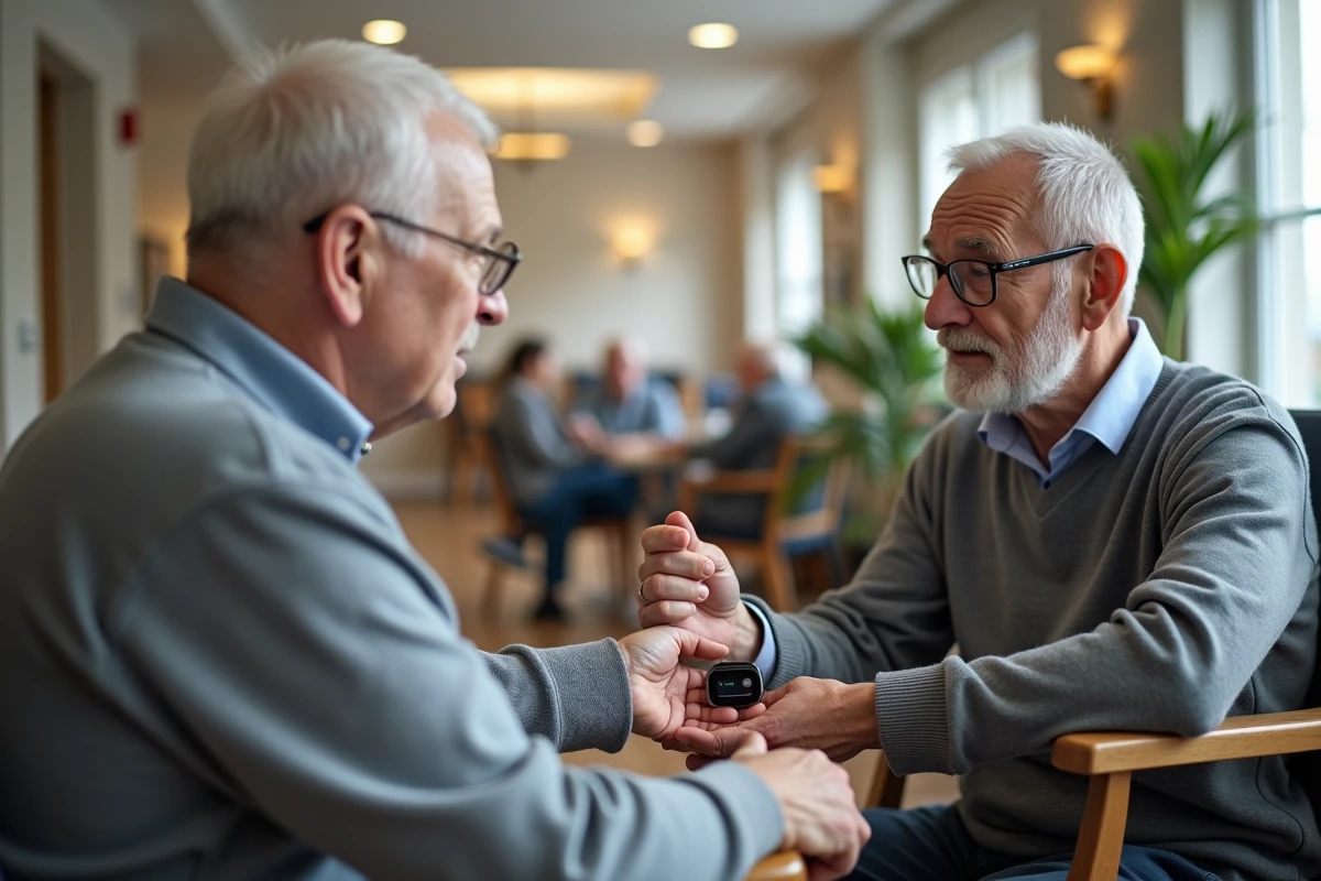 Fils adulte montrant un bracelet GPS de géolocalisation à son père âgé atteint d'Alzheimer dans une maison de retraite