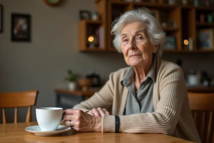 Femme âgée portant un bracelet GPS Alzheimer au poignet, assise dans une cuisine chaleureuse tenant une tasse de thé