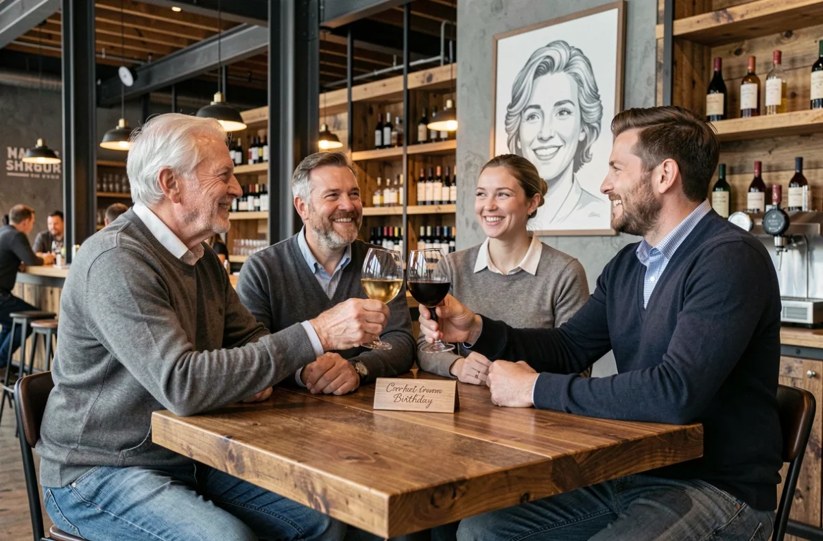Homme de 70 ans célébrant son anniversaire avec des amis dans un bar moderne avec des détails de décoration personnalisés