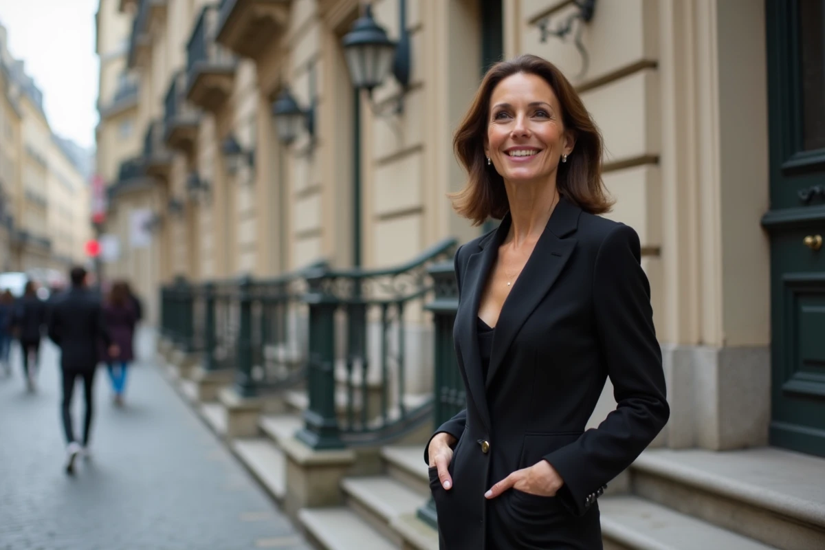Chanteuse élégante devant un immeuble haussmannien parisien pour une photo biographique éditoriale