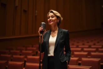 Chanteuse sur scène devant un micro vintage dans une salle de concert intime à l'atmosphère chaleureuse