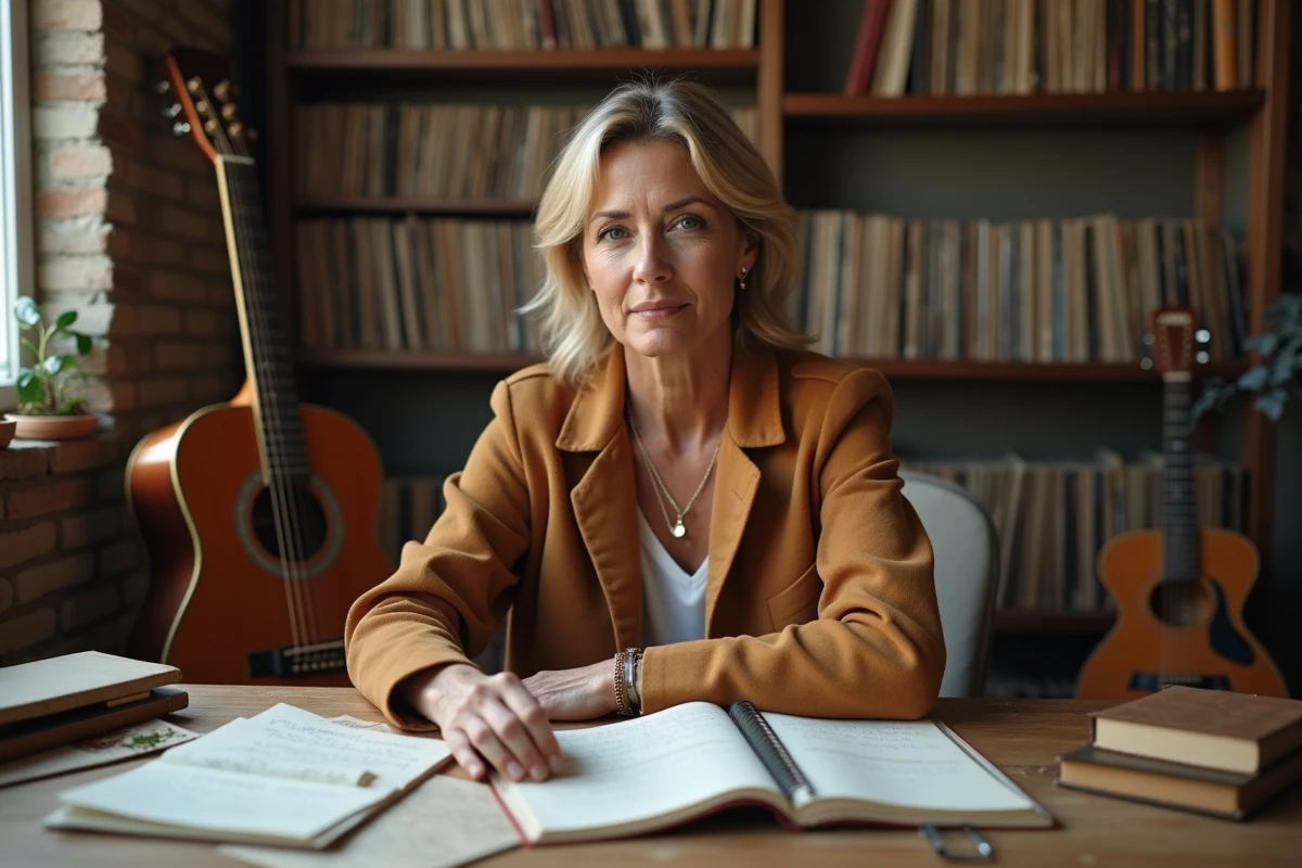 Chanteuse dans un studio d'écriture parisien entourée de partitions et d'une guitare acoustique