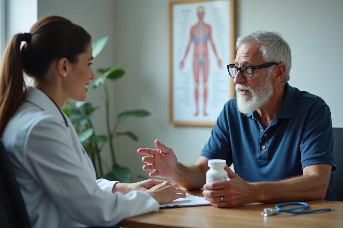 Patient senior discutant avec son médecin des effets secondaires d'Azinc Senior lors d'une consultation médicale