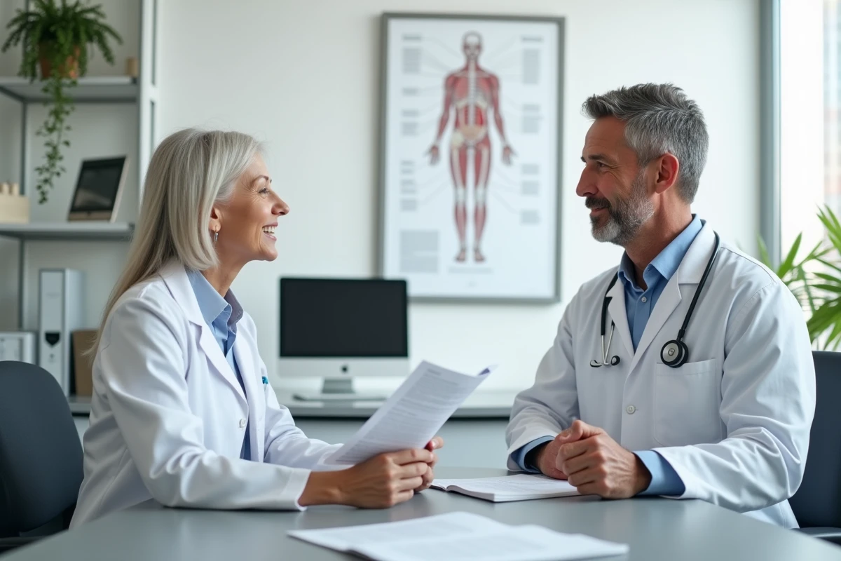 Femme senior en consultation médicale avec son médecin, discutant de prévention santé et de bilans de santé réguliers