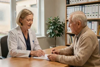 Oncologue gériatre en consultation avec un patient âgé, évaluation des scores ADL pour la sélection des traitements oncologiques