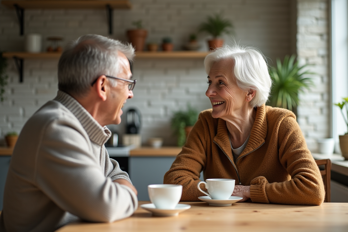Une femme et un homme discutent autour d un thé dans une cuisine moderne
