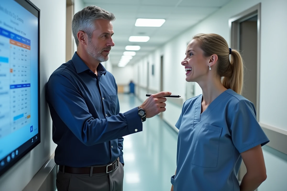 Coordinateur de soins et infirmière consultant un tableau de bord numérique de suivi des soins en EHPAD avec le logiciel DomusVi