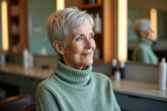 Femme âgée aux cheveux courts en coupe pixie argentée chez le coiffeur, idéale pour affiner un visage rond