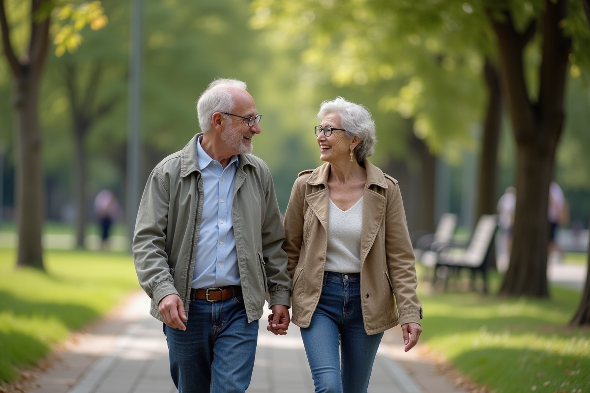 Couple âgé marche dans un parc urbain calme