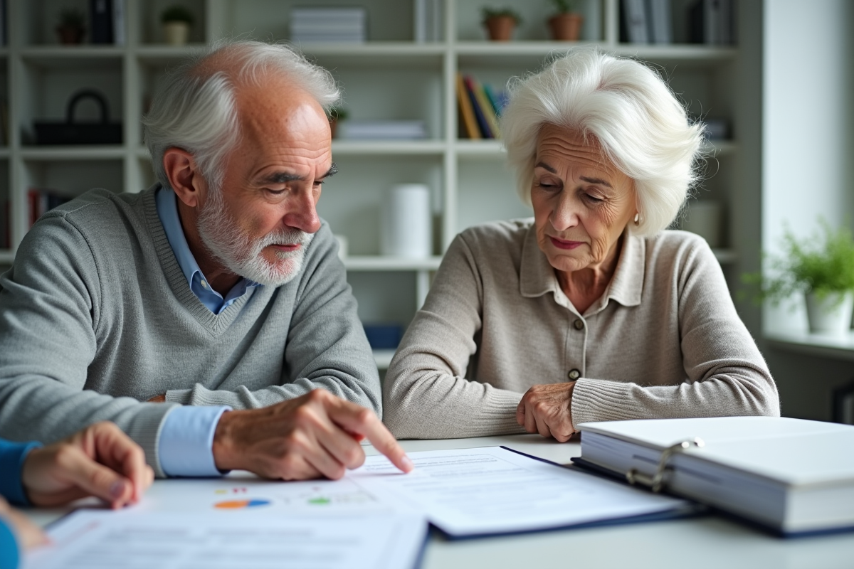 Couple âgé avec notaire examinant un plan successoral