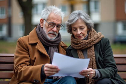 Couple retraité dans un parc urbain en hiver