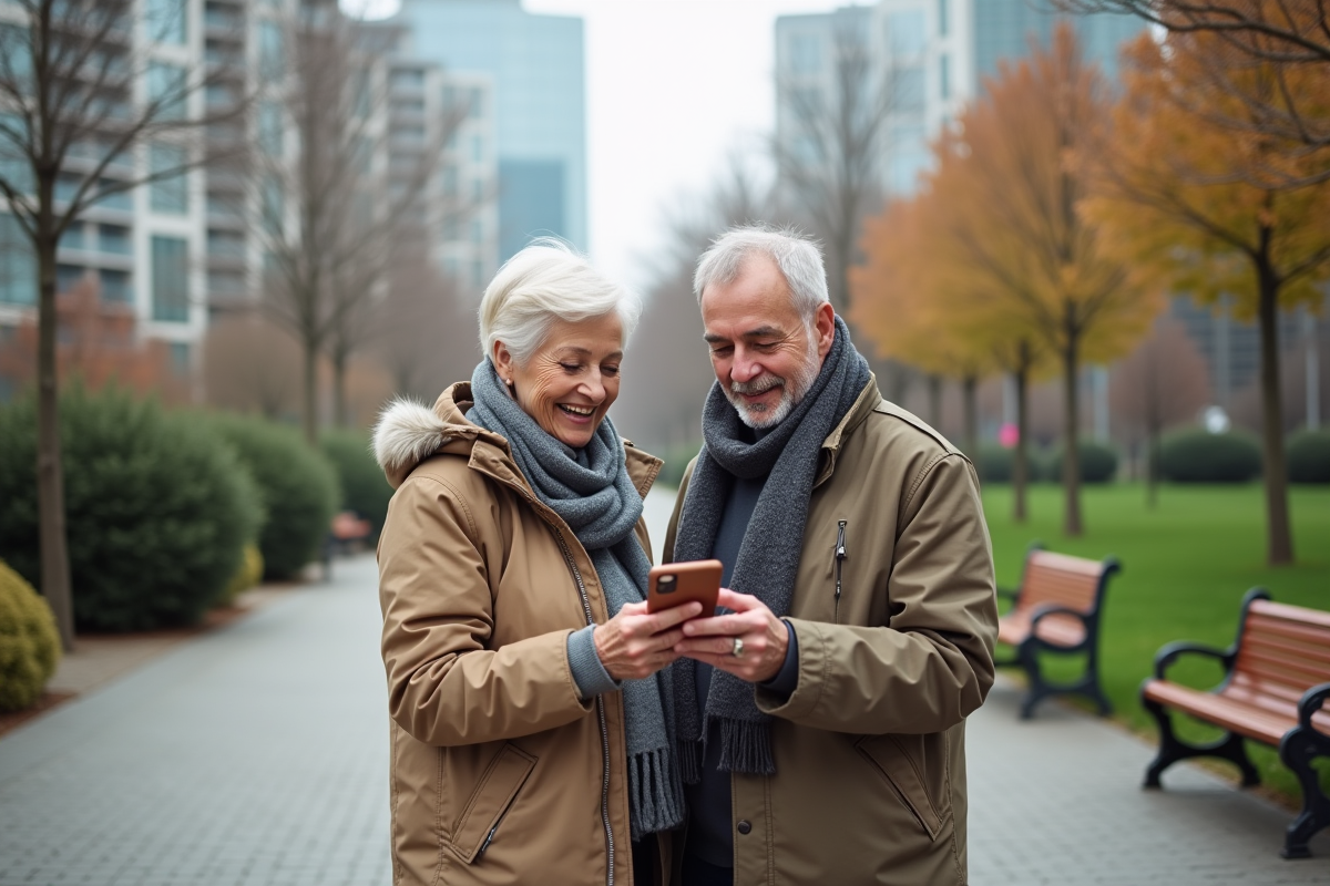 Couple de retraités discutant dans un parc urbain