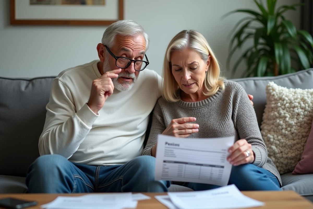 Couple de futurs retraités surpris en lisant leur relevé de retraite scolinfo dans leur salon