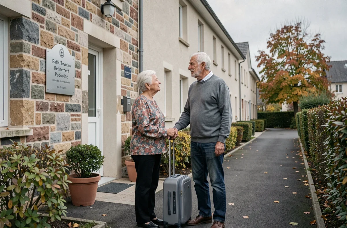 Couple de retraités modestes arrivant devant l'entrée d'une maison de retraite avec leurs bagages