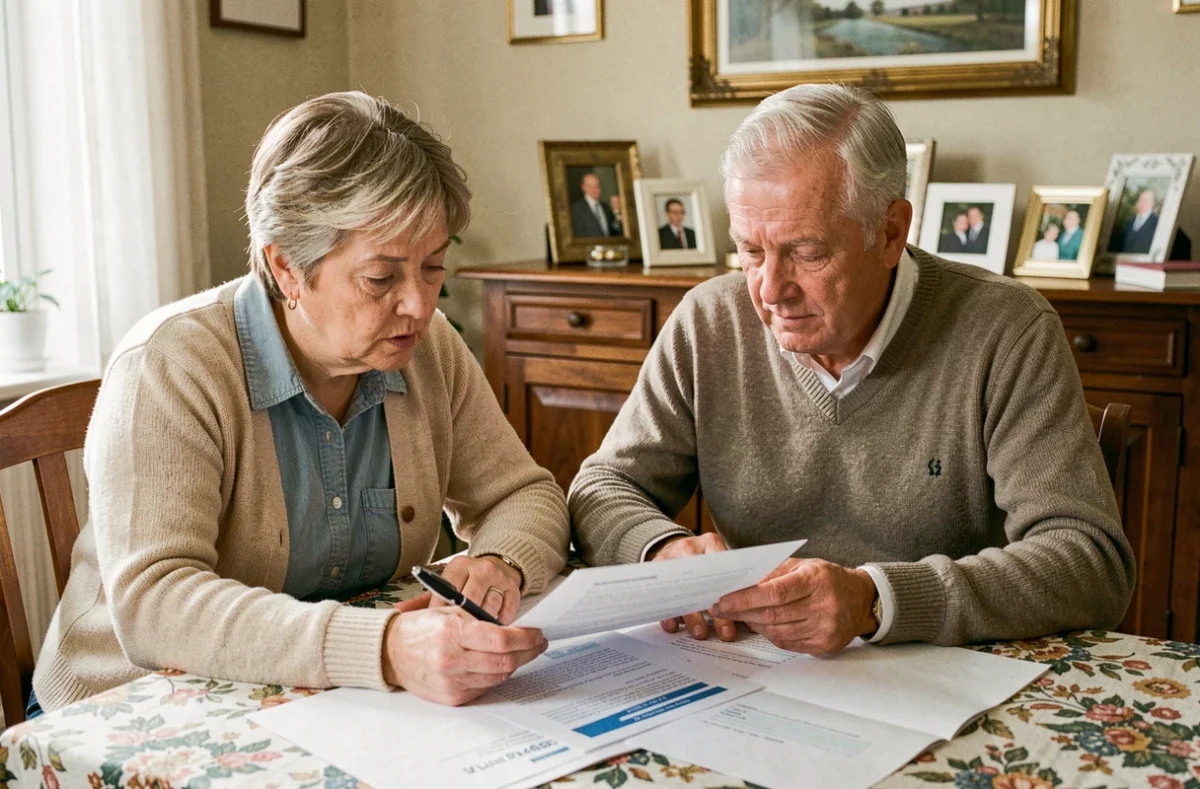 Couple de retraités examinant ensemble des documents de pension pour effectuer une déclaration de changement de situation à la CCUES SG