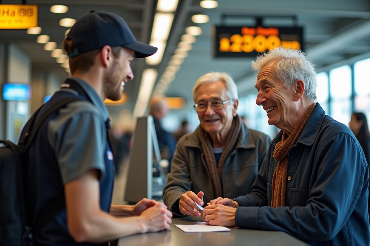 Couple senior recevant une carte de train à la gare