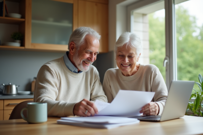 Couple senior souriant examinant des documents à la maison
