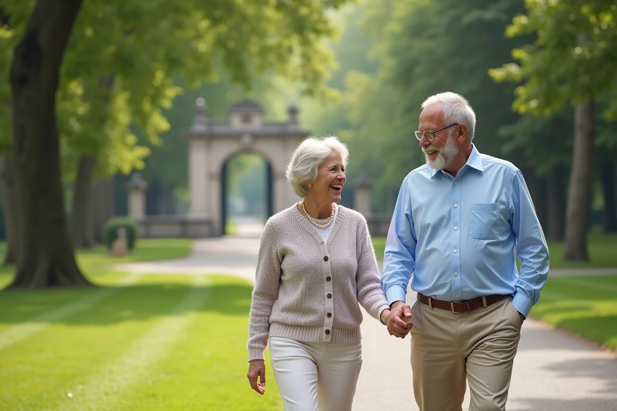Couple senior marchant dans un parc en riant