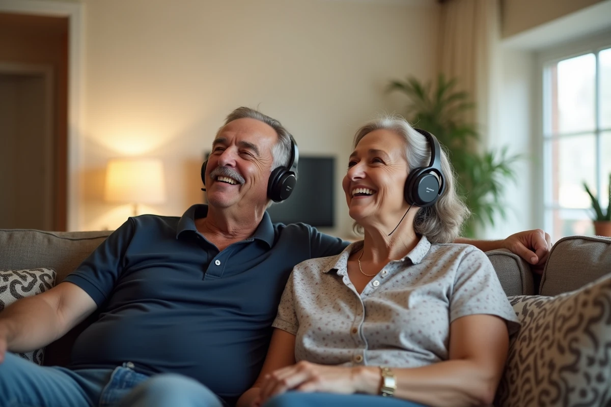 Couple de seniors portant des casques TV sans fil assis ensemble sur un canapé dans leur salon