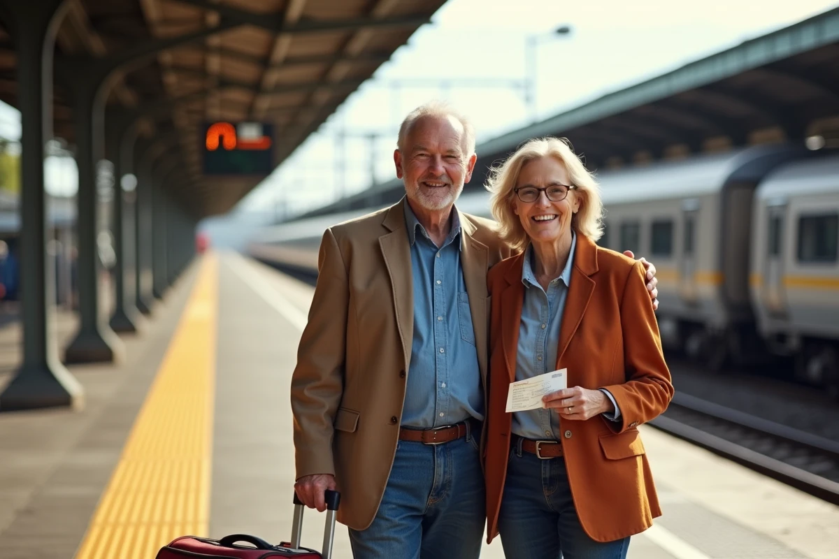 Couple de seniors sur un quai de gare française tenant leurs billets SNCF tarif réduit