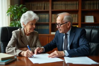 Une femme âgée et un avocat examinent un document de curatelle dans un bureau juridique
