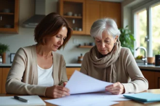 Deux femmes d'âge moyen examinent des documents dans la cuisine