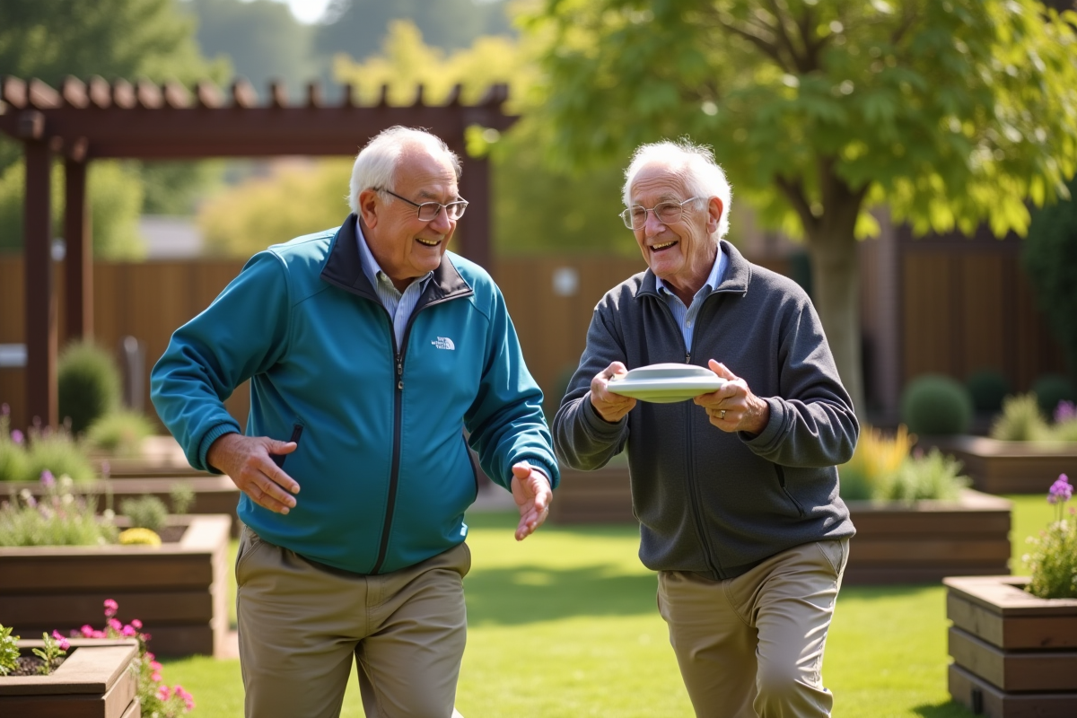Deux seniors jouant au frisbee dans un jardin communautaire