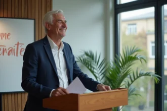Homme souriant donnant un discours amusant lors d'un pot de départ à la retraite en salle de réunion décorée